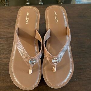 ALDO Tan Textured Thong Sandals with Metallic Logo Accent, worn once